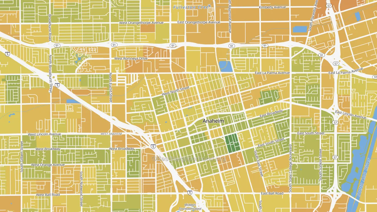Map of the best neighborhoods in the The Colony, Anaheim area, with better matches in green and worse matches in red