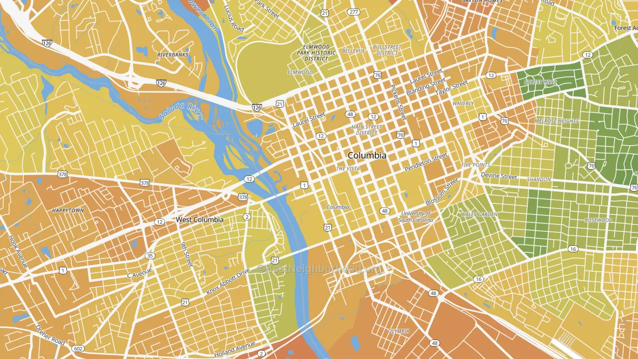 Map of the best neighborhoods in the The Congaree Vista, Columbia area, with better matches in green and worse matches in red