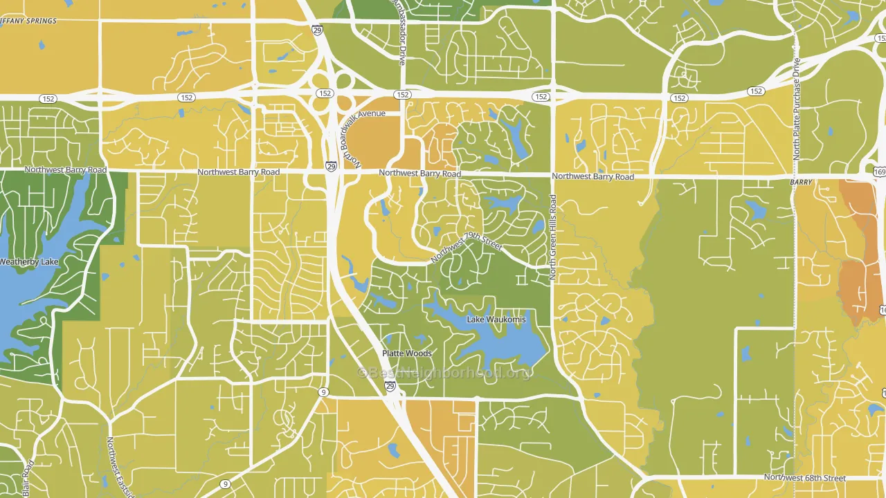 Map of the best neighborhoods in the The Coves, Kansas City area, with better matches in green and worse matches in red
