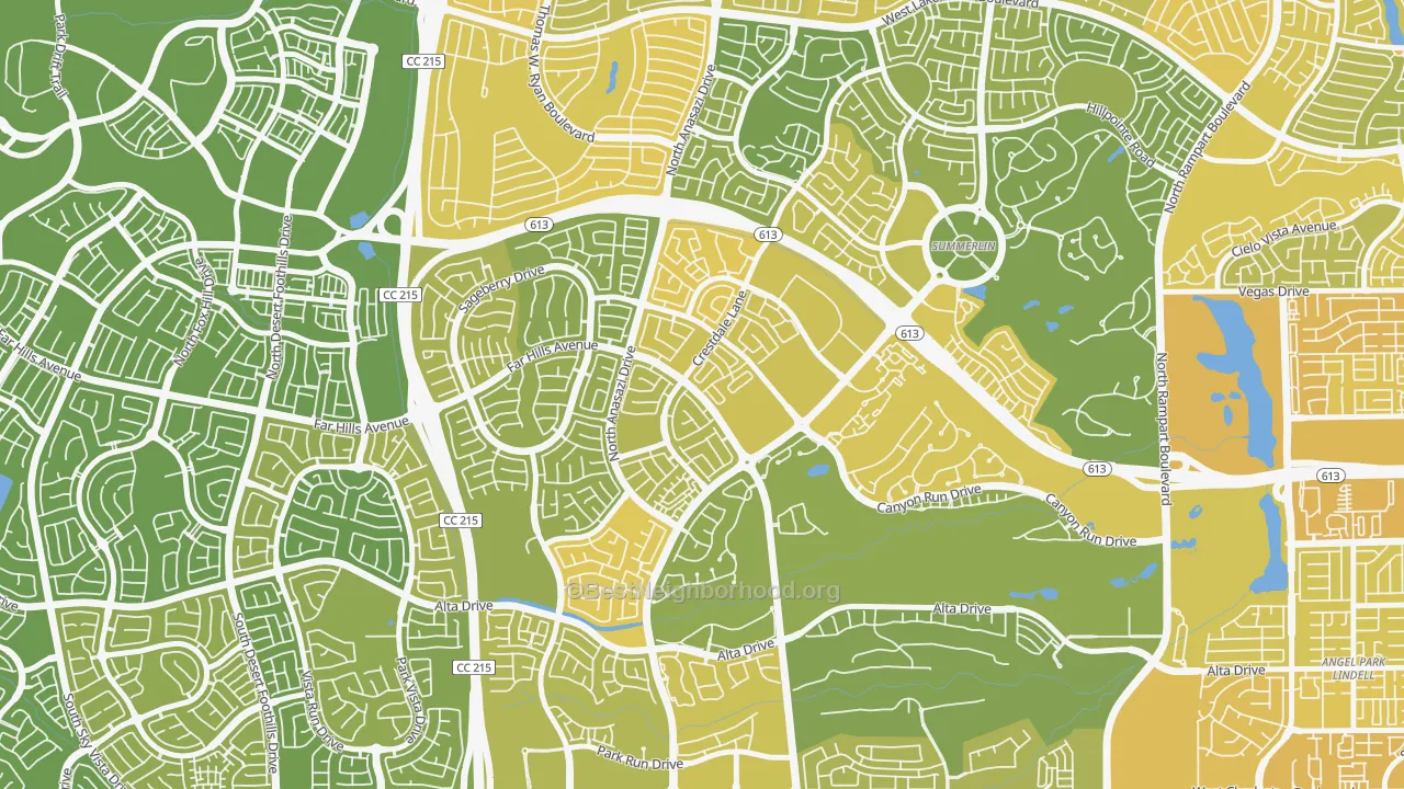 Map of the best neighborhoods in the The Crossing, Las Vegas area, with better matches in green and worse matches in red