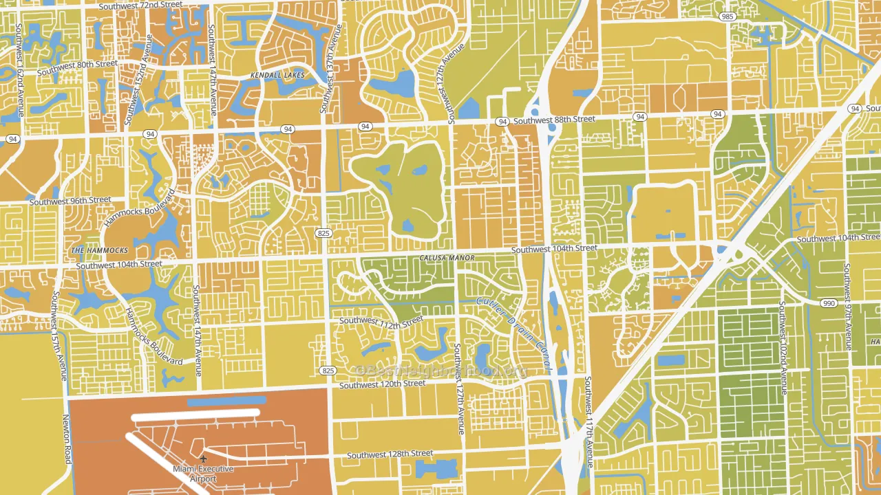 Map of the best neighborhoods in the The Crossings area, with better matches in green and worse matches in red