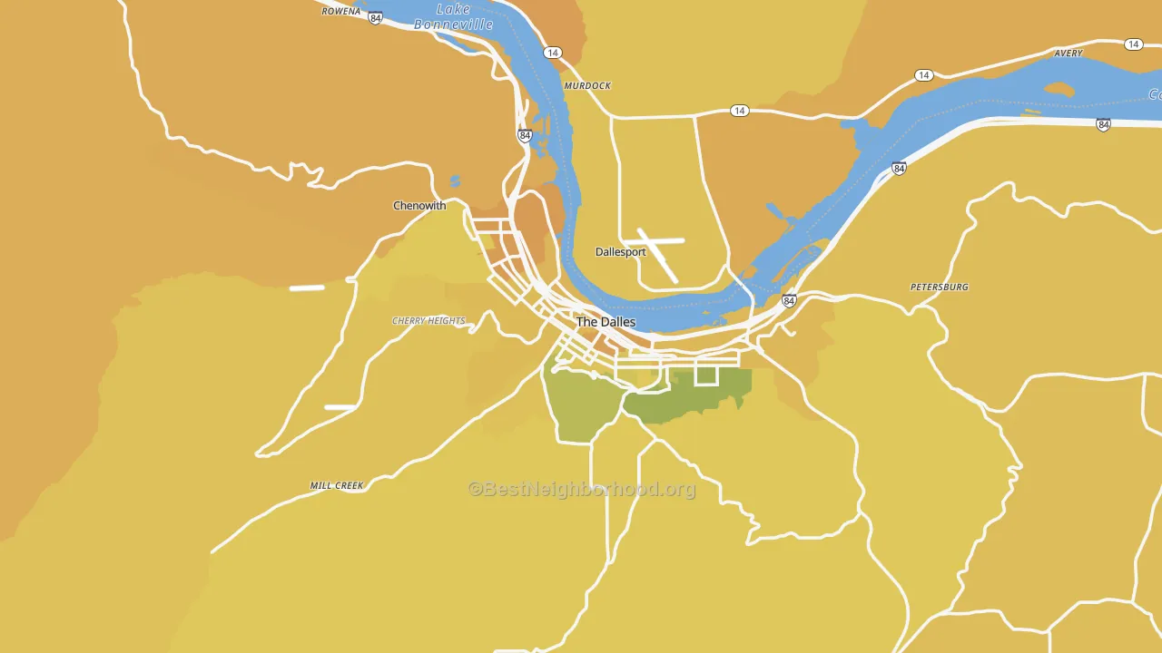 Map of the best neighborhoods in the The Dalles area, with better matches in green and worse matches in red