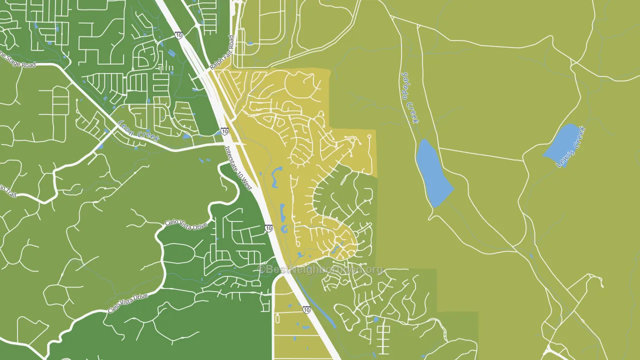 Map of the best neighborhoods in the The Dominion, San Antonio area, with better matches in green and worse matches in red