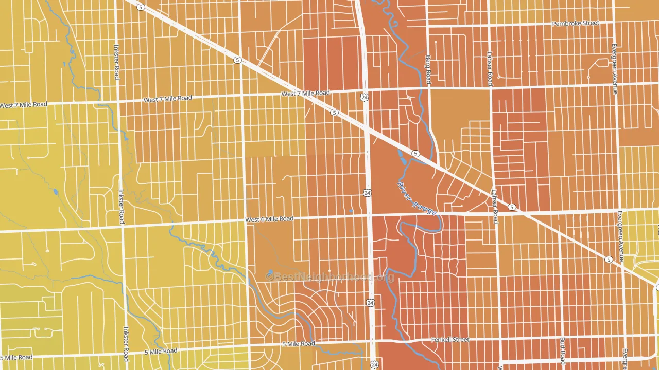 Map of the best neighborhoods in the The Eye, Detroit area, with better matches in green and worse matches in red