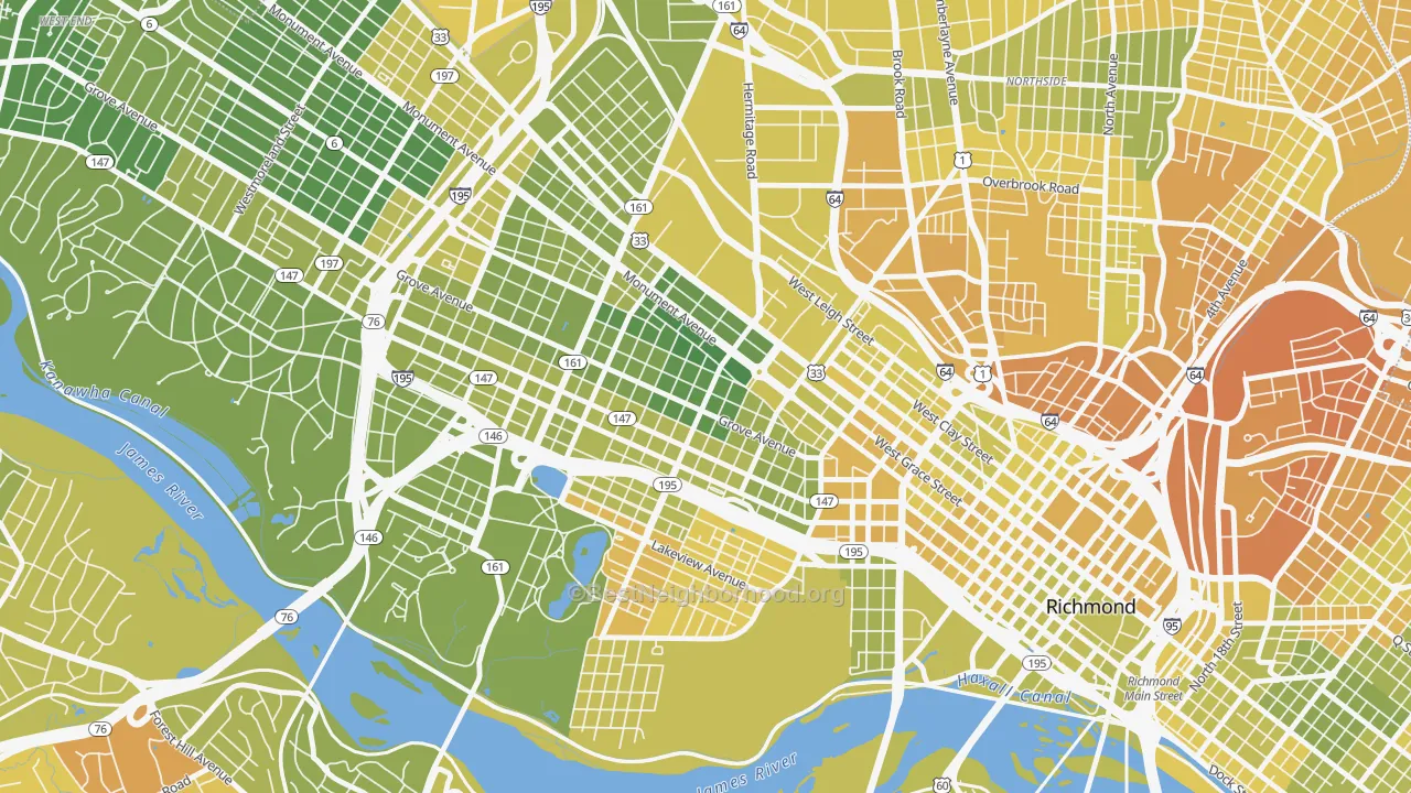 Map of the best neighborhoods in the The Fan, Richmond area, with better matches in green and worse matches in red