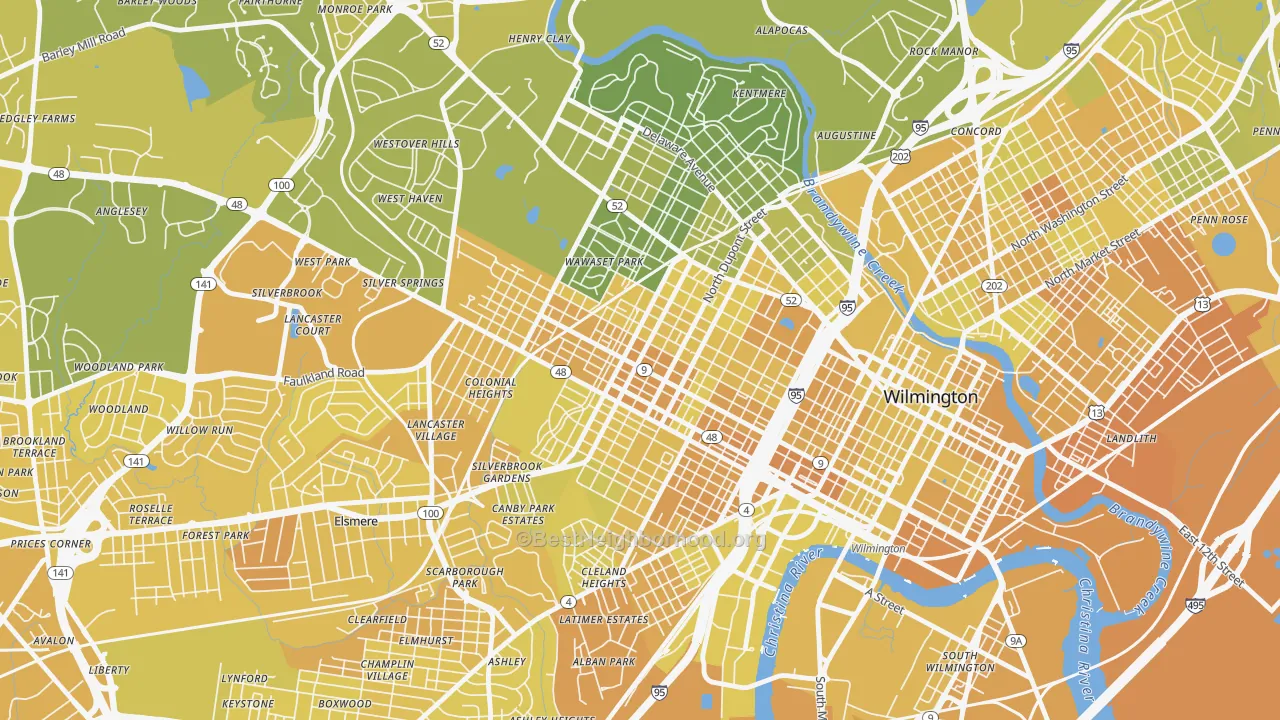 Map of the best neighborhoods in the The Flats, Wilmington area, with better matches in green and worse matches in red