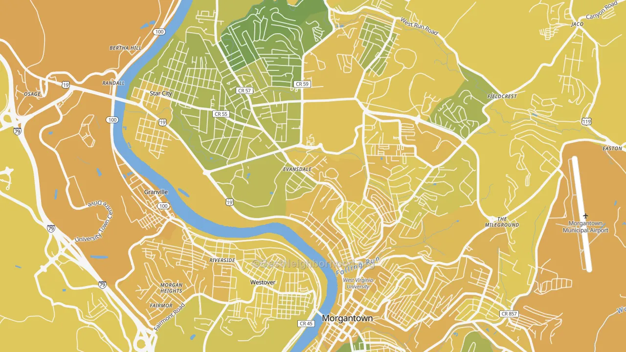 Map of the best neighborhoods in the The Flatts, Morgantown area, with better matches in green and worse matches in red