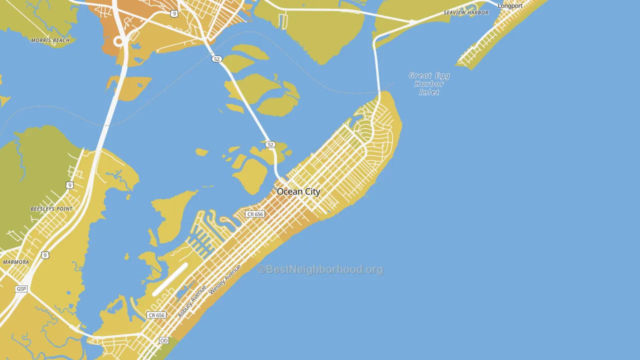 Map of the best neighborhoods in the The Gardens, Ocean City area, with better matches in green and worse matches in red