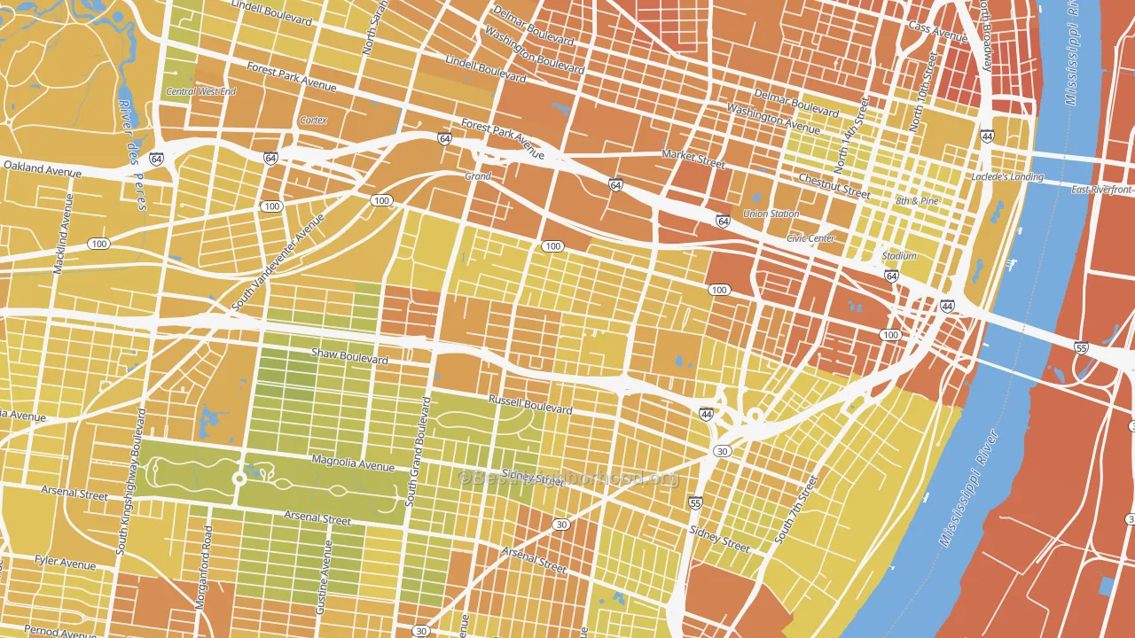 Map of the best neighborhoods in the The Gate District, St. Louis area, with better matches in green and worse matches in red