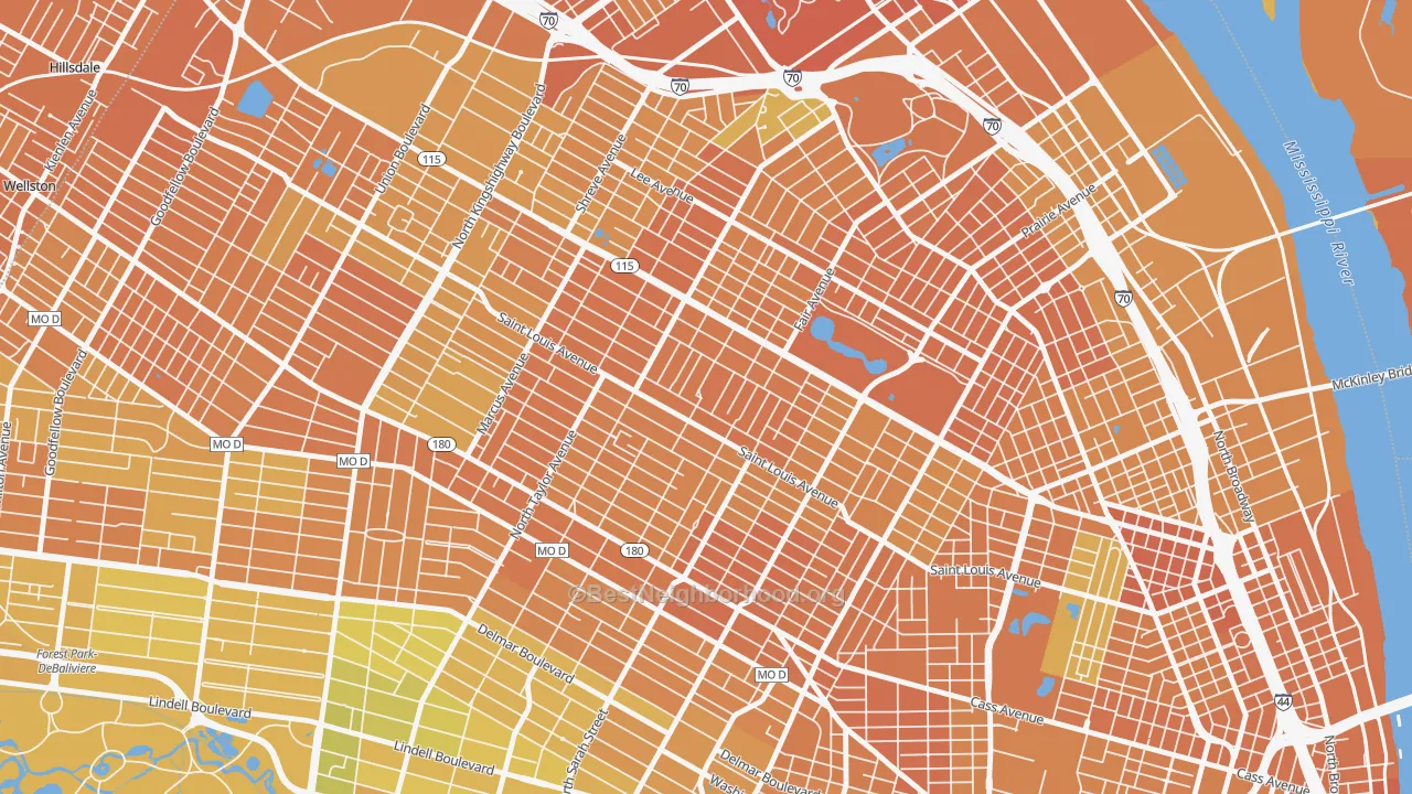 Map of the best neighborhoods in the The Greater Ville, St. Louis area, with better matches in green and worse matches in red
