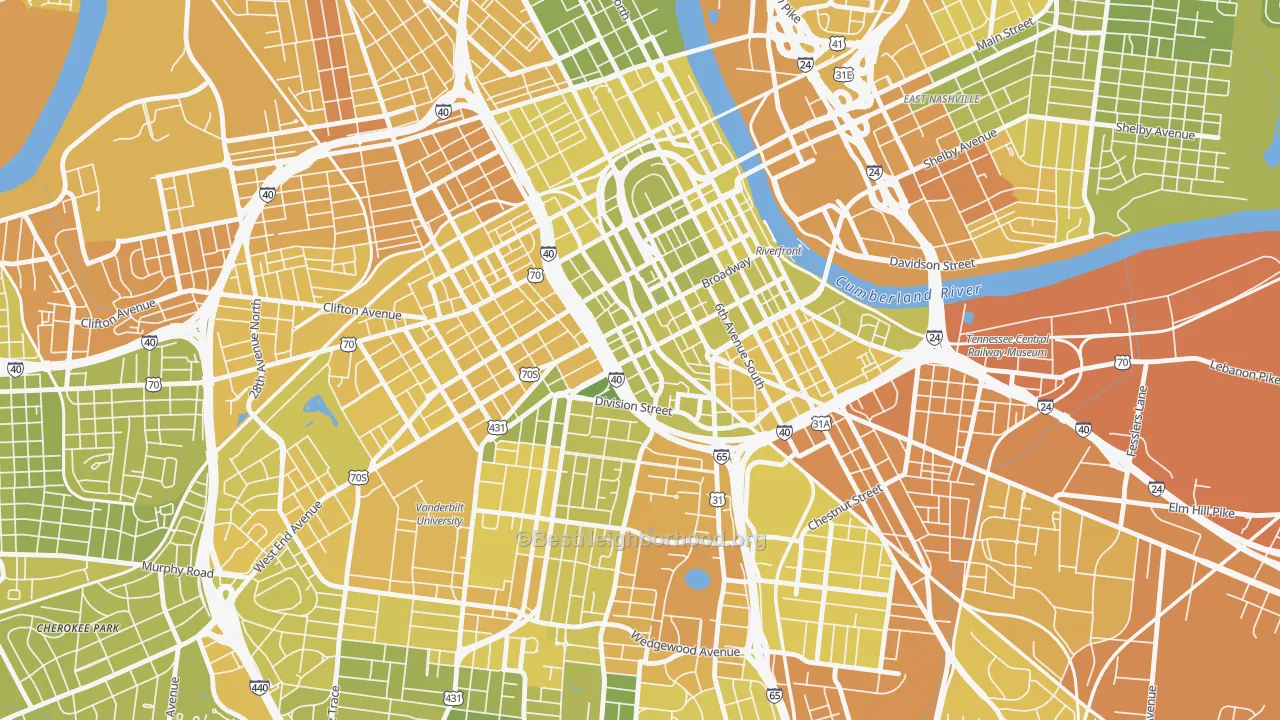 Map of the best neighborhoods in the The Gulch, Nashville area, with better matches in green and worse matches in red