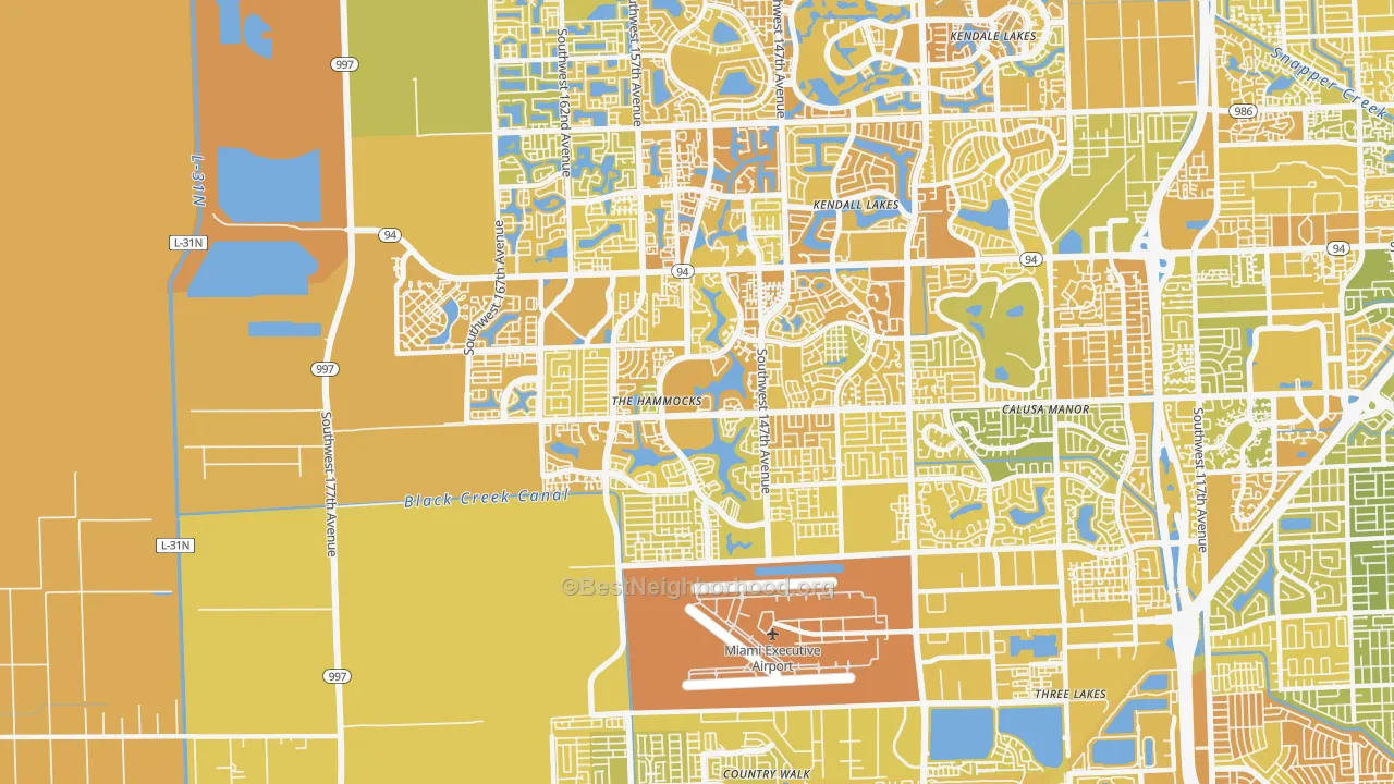 Map of the best neighborhoods in the The Hammocks area, with better matches in green and worse matches in red