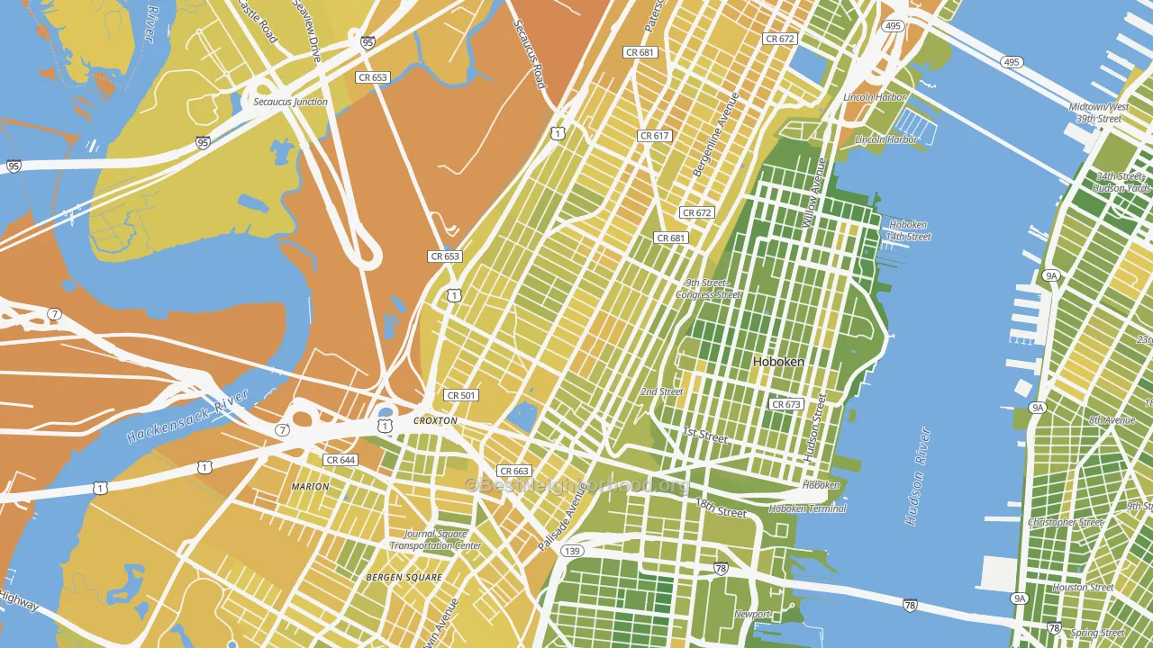 Map of the best neighborhoods in the The Heights, Jersey City area, with better matches in green and worse matches in red