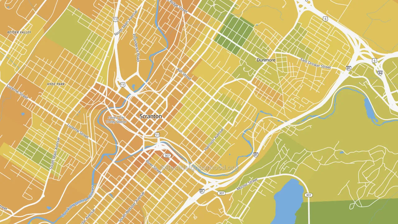 Map of the best neighborhoods in the The Hill Section, Scranton area, with better matches in green and worse matches in red
