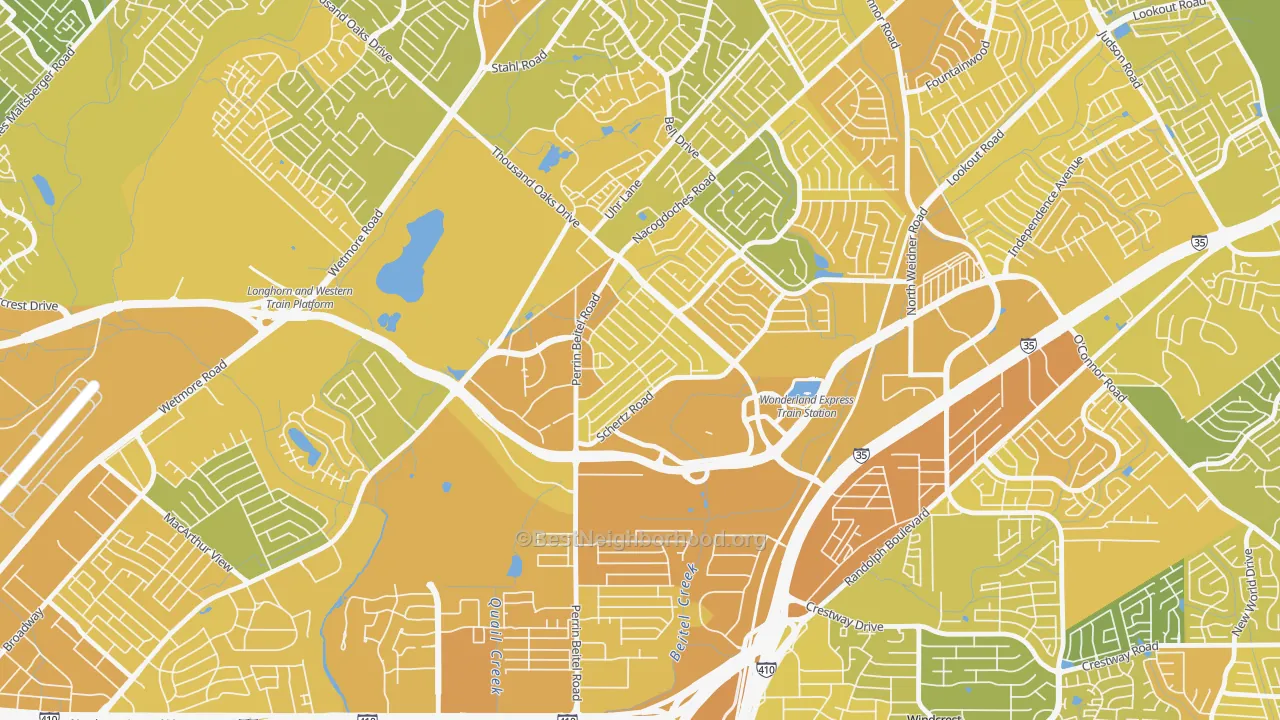 Map of the best neighborhoods in the The Hills of Park North, San Antonio area, with better matches in green and worse matches in red