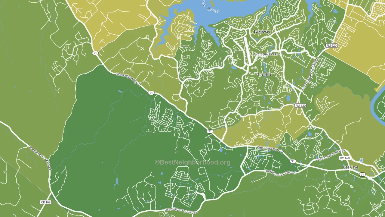 Map of the best neighborhoods in the The Hills area, with better matches in green and worse matches in red