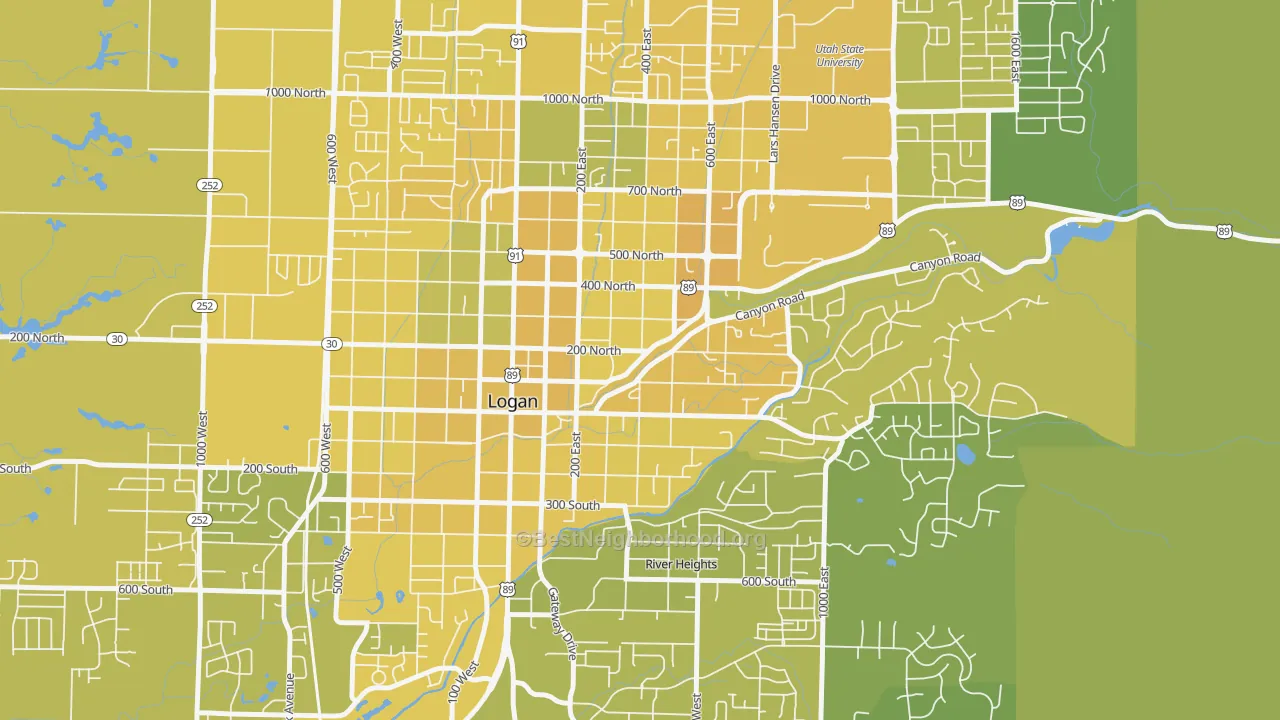 Map of the best neighborhoods in the The Island, Logan area, with better matches in green and worse matches in red