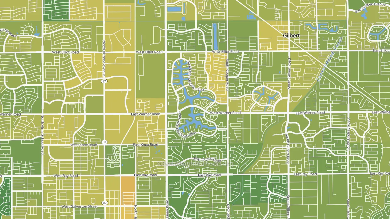 Map of the best neighborhoods in the The Islands, Gilbert area, with better matches in green and worse matches in red