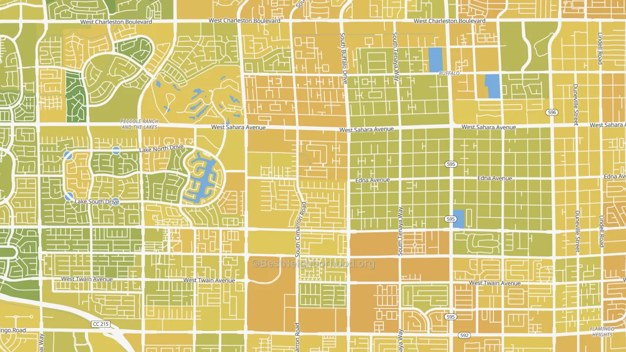 Map of the best neighborhoods in the The Lakes-Country Club, Spring Valley area, with better matches in green and worse matches in red