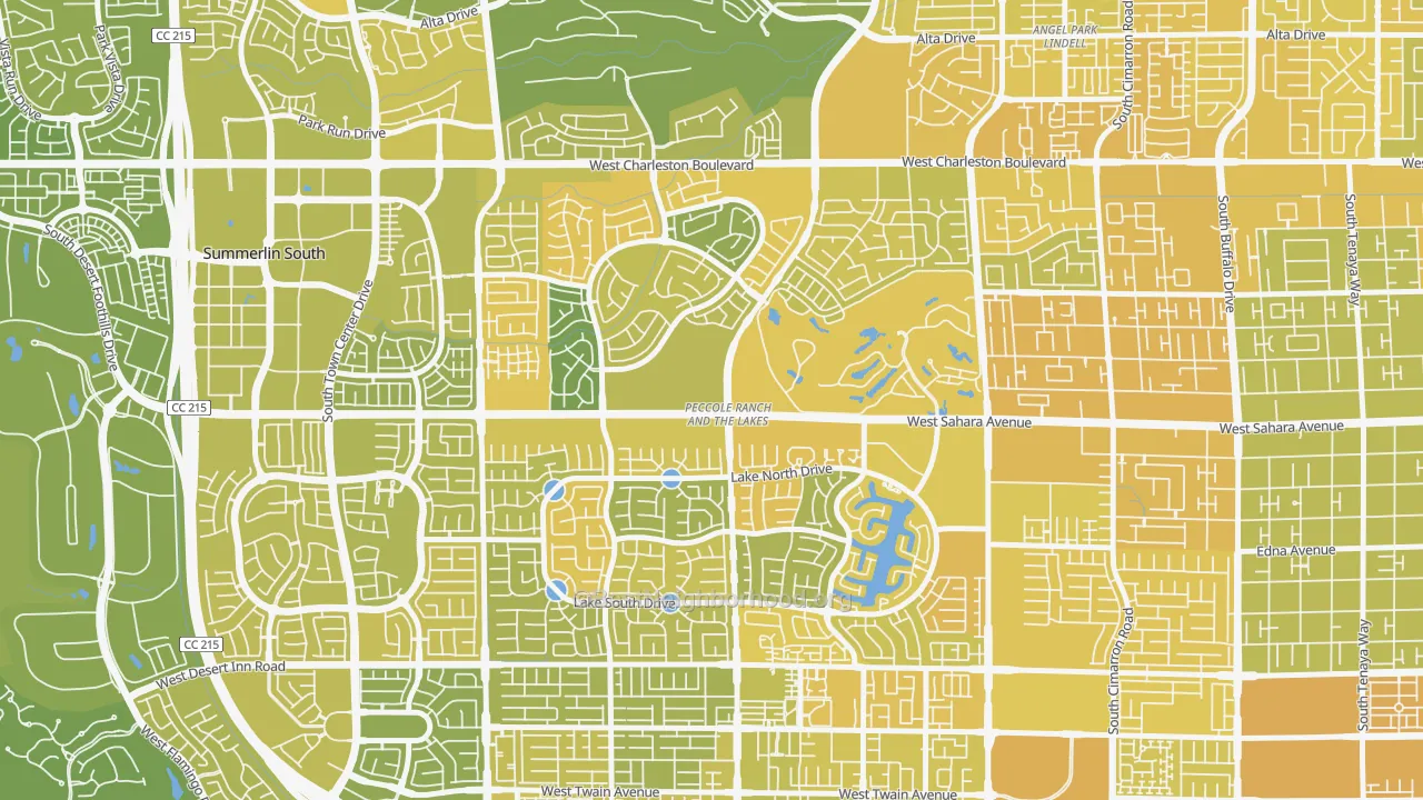 Map of the best neighborhoods in the The Lakes, Las Vegas area, with better matches in green and worse matches in red