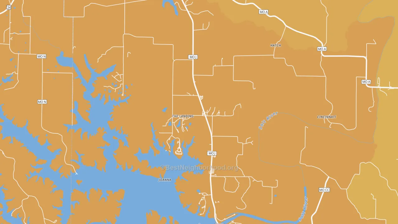 Map of the best neighborhoods in the The Landing area, with better matches in green and worse matches in red