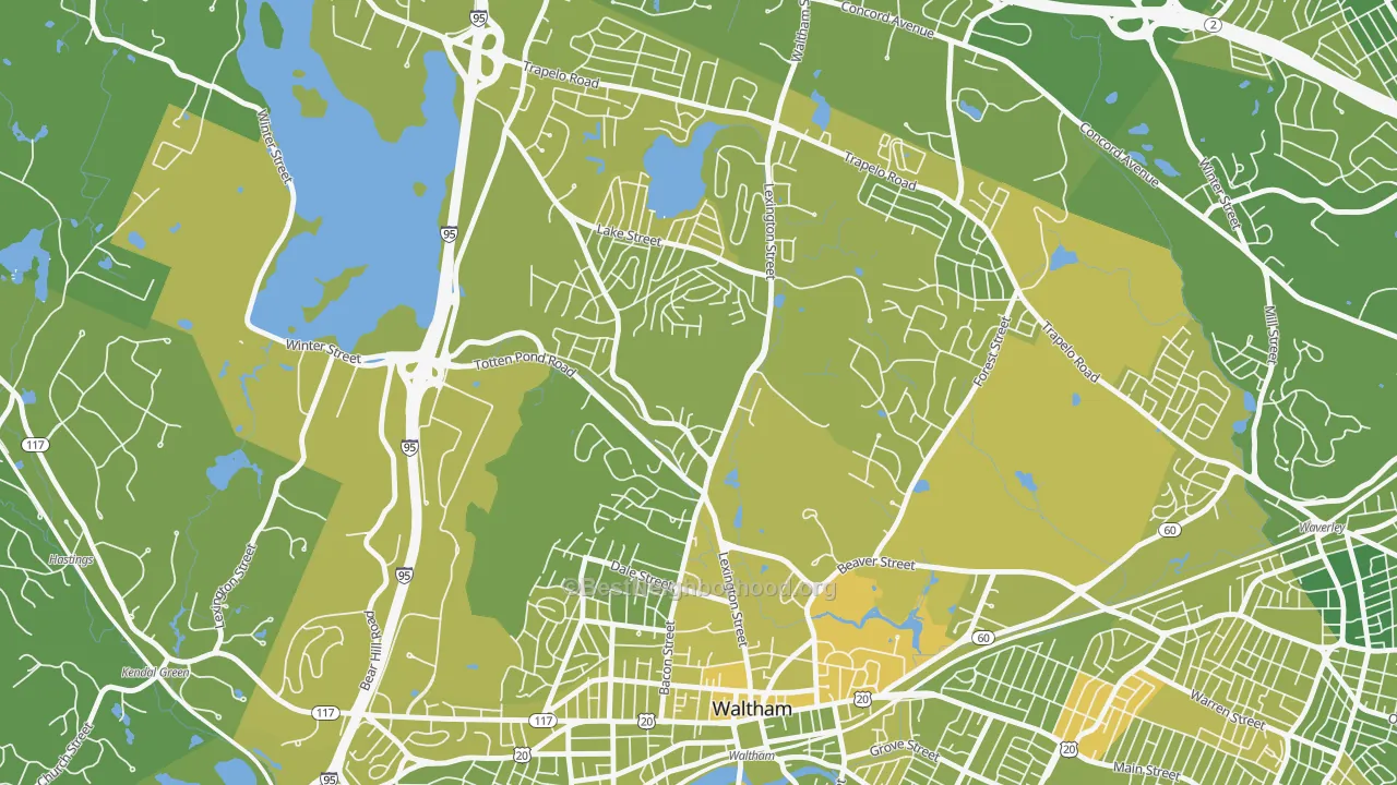 Map of the best neighborhoods in the The Lanes, Waltham area, with better matches in green and worse matches in red