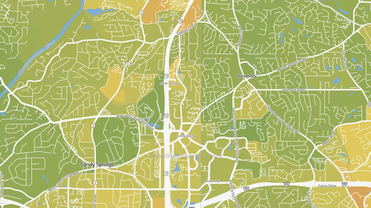 Map of the best neighborhoods in the The Meadows, Sandy Springs area, with better matches in green and worse matches in red