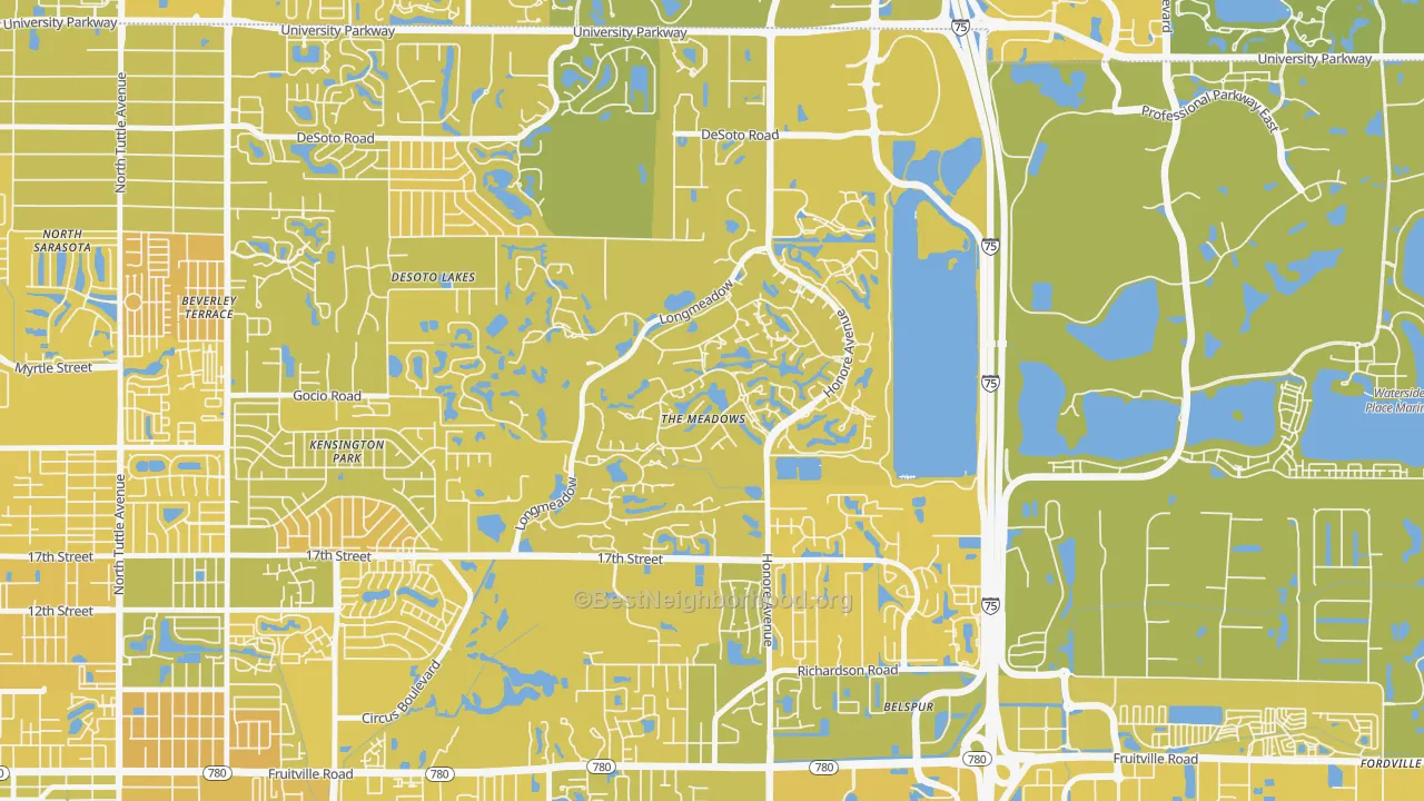 Map of the best neighborhoods in the The Meadows, Sarasota area, with better matches in green and worse matches in red