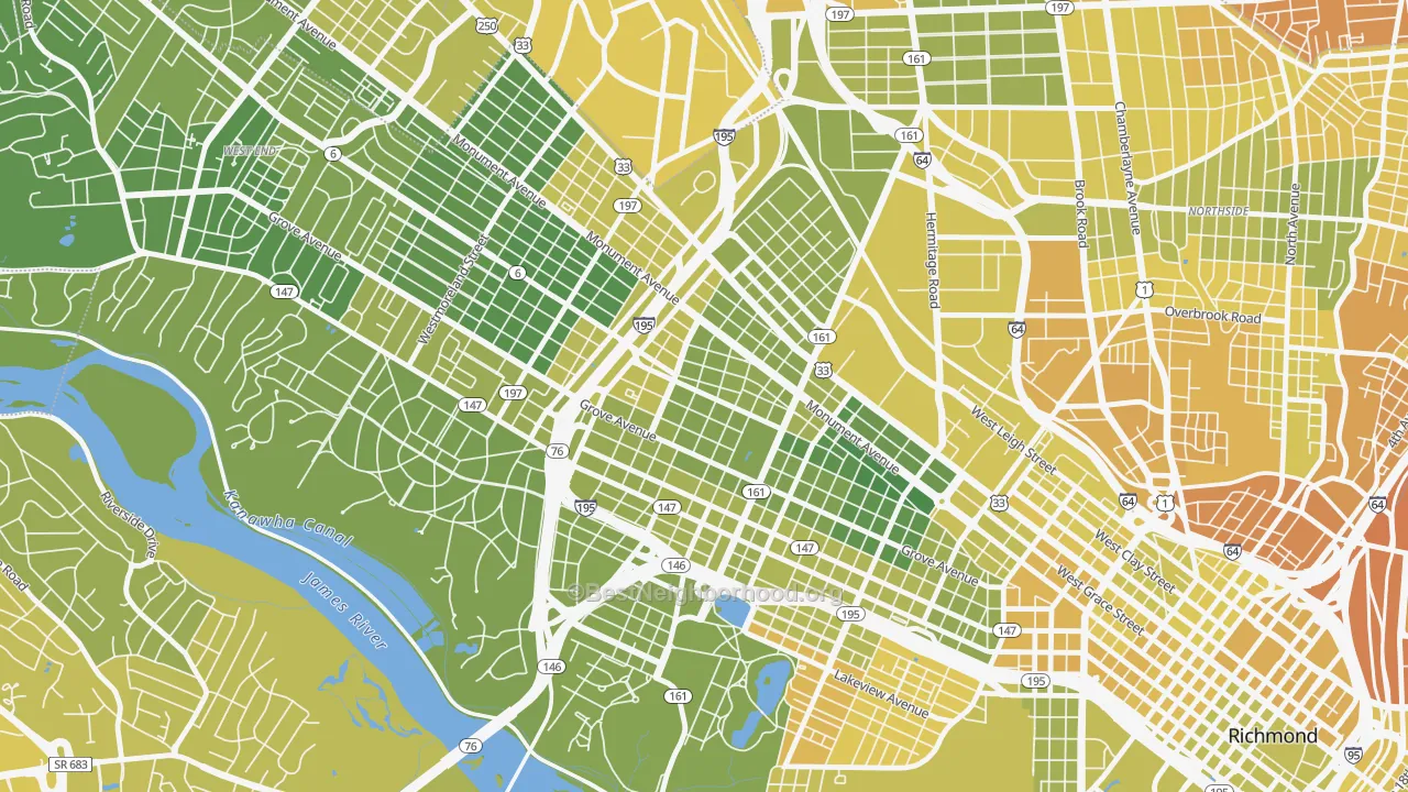 Map of the best neighborhoods in the The Museum District, Richmond area, with better matches in green and worse matches in red