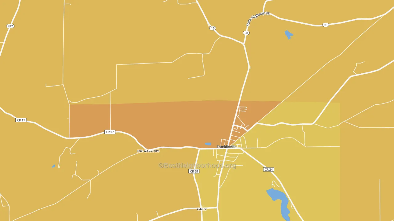 Map of the best neighborhoods in the The Narrows area, with better matches in green and worse matches in red