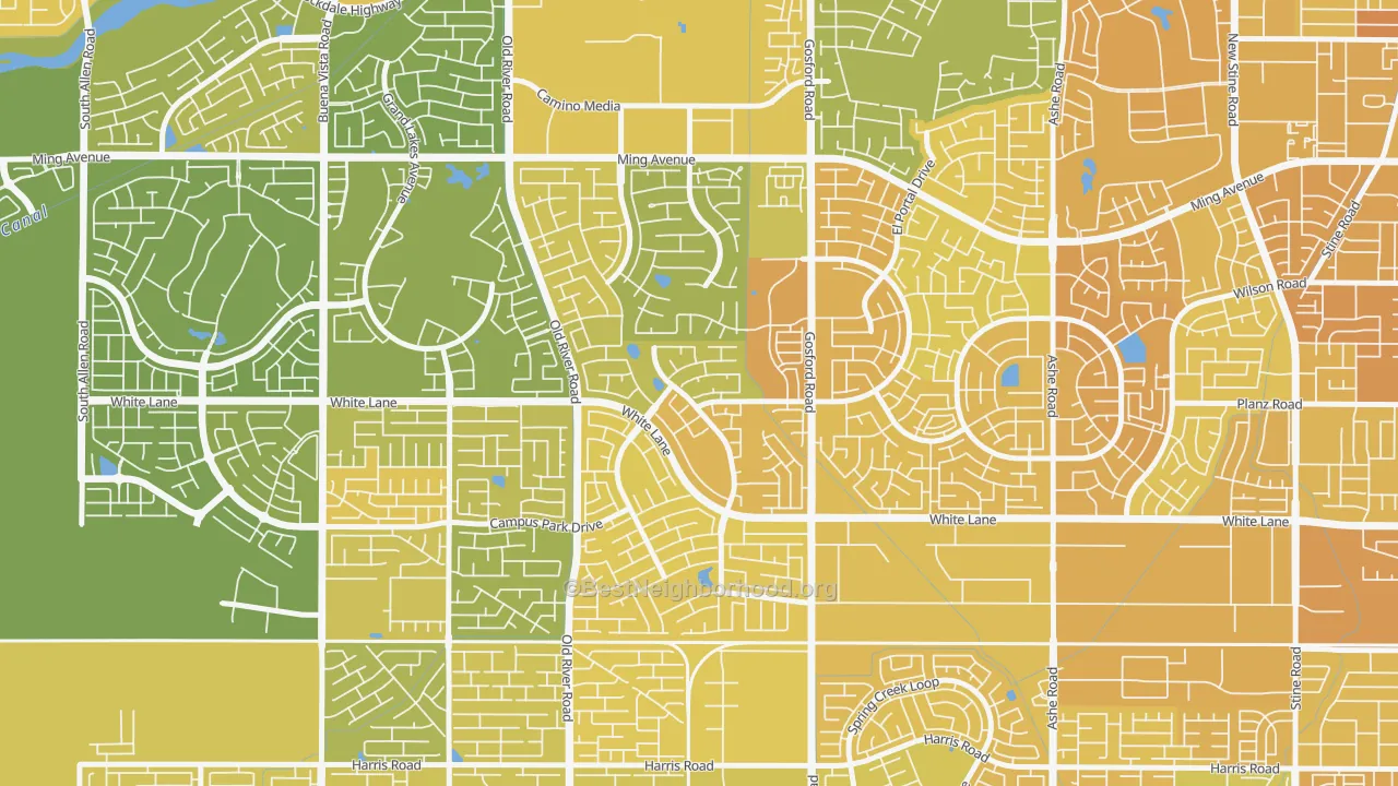 Map of the best neighborhoods in the The Oaks, Bakersfield area, with better matches in green and worse matches in red
