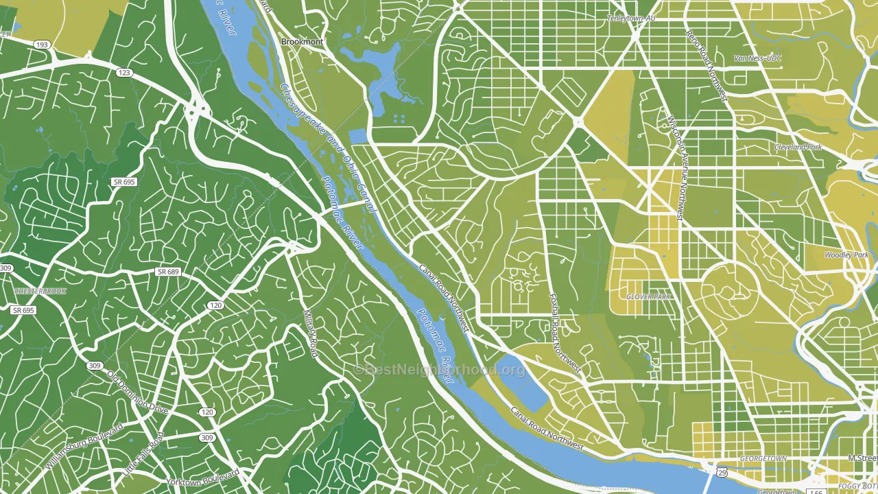 Map of the best neighborhoods in the The Palisades, Washington area, with better matches in green and worse matches in red