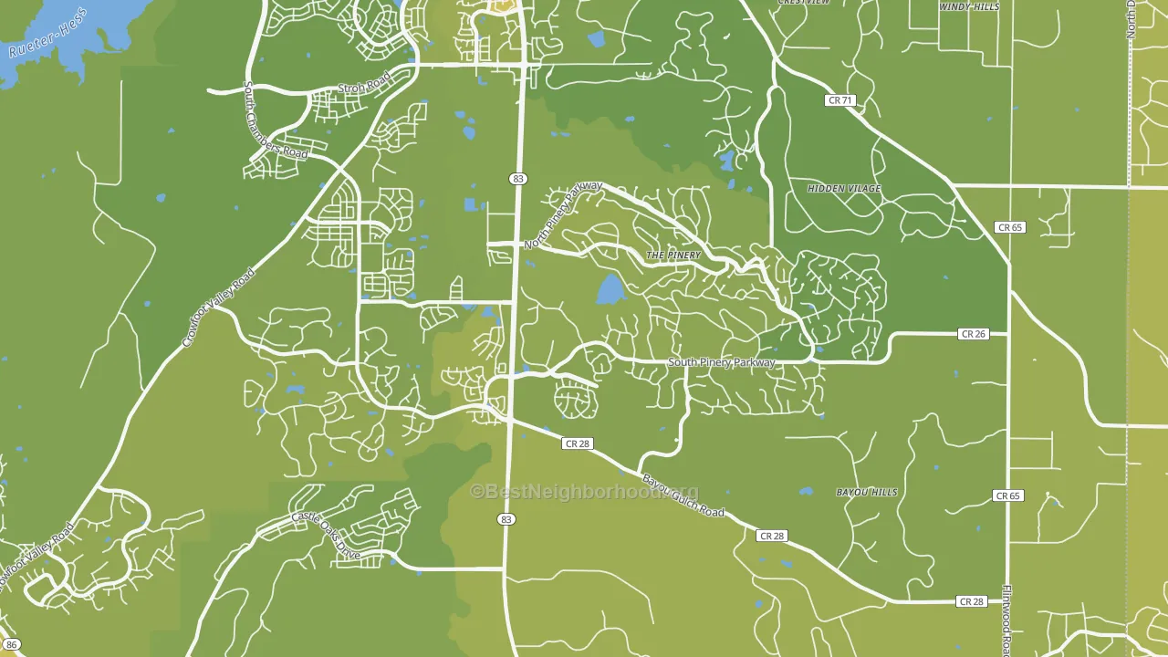 Map of the best neighborhoods in the The Pinery area, with better matches in green and worse matches in red