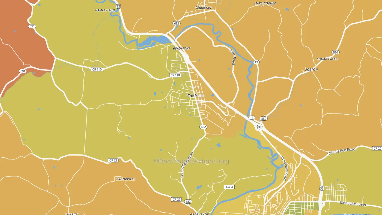 Map of the best neighborhoods in the The Plains area, with better matches in green and worse matches in red