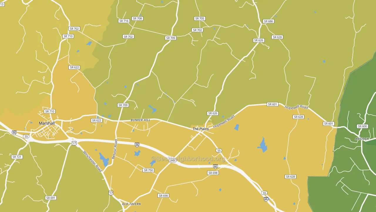 Map of the best neighborhoods in the The Plains area, with better matches in green and worse matches in red