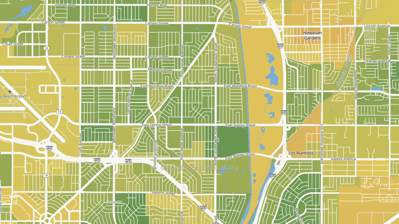 Map of the best neighborhoods in the The Plaza, Long Beach area, with better matches in green and worse matches in red