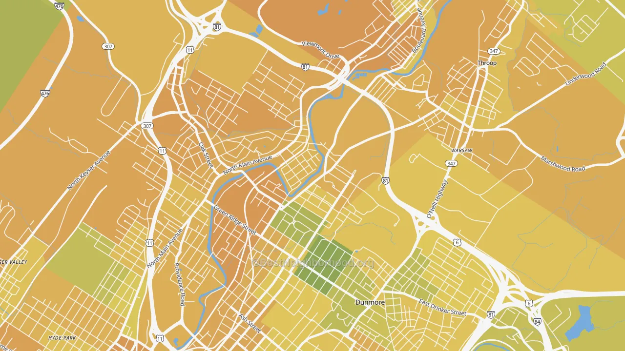Map of the best neighborhoods in the The Plot, Scranton area, with better matches in green and worse matches in red