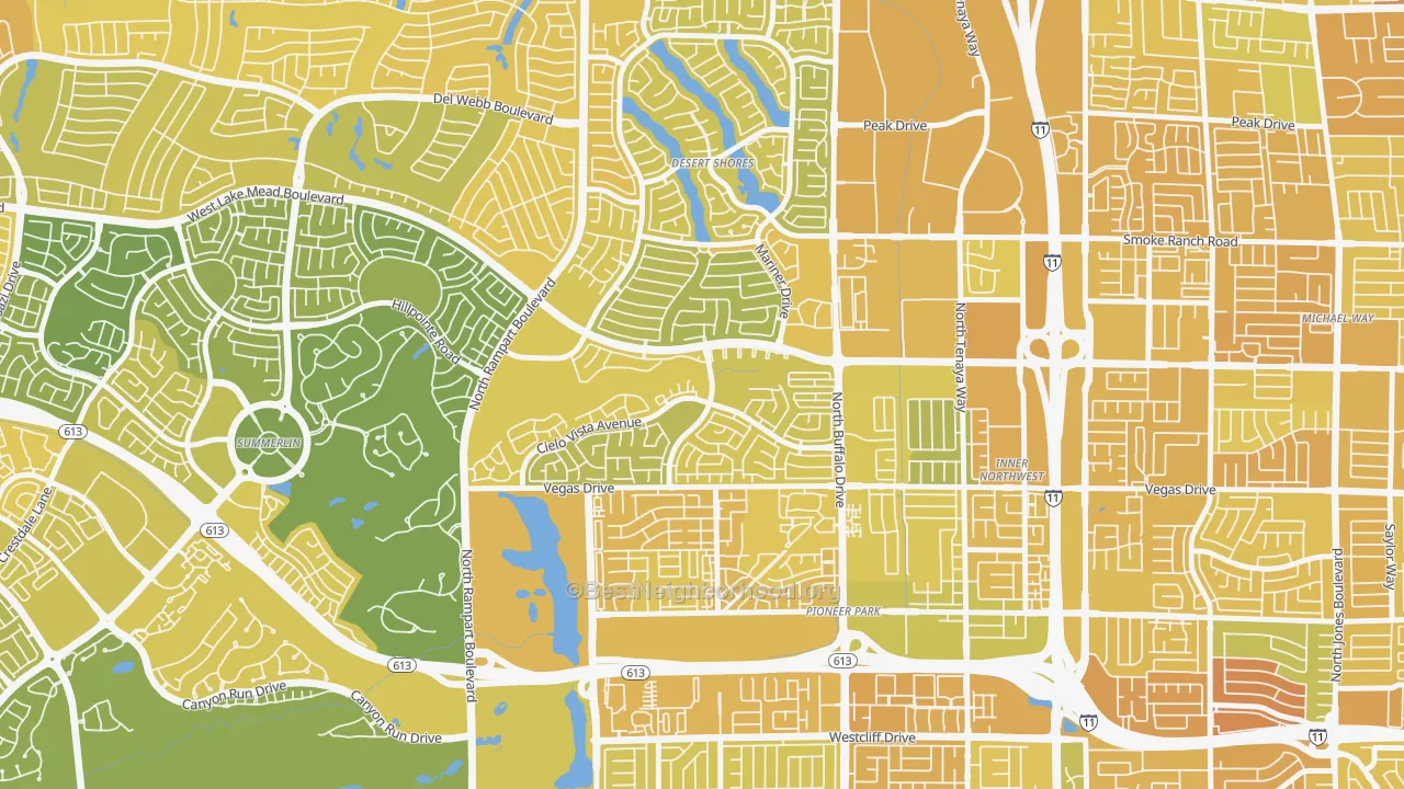 Map of the best neighborhoods in the The Pueblo, Las Vegas area, with better matches in green and worse matches in red