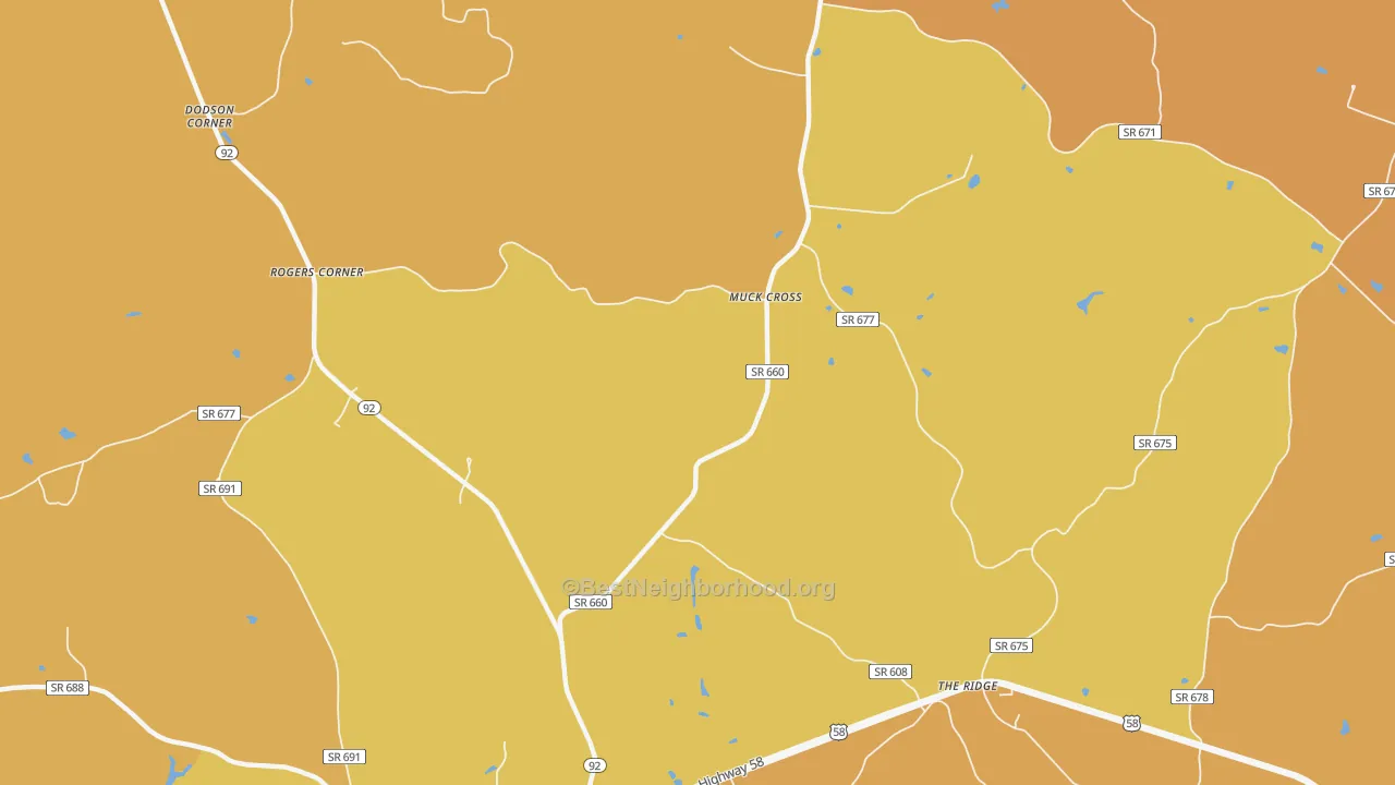 Map of the best neighborhoods in the The Ridge area, with better matches in green and worse matches in red