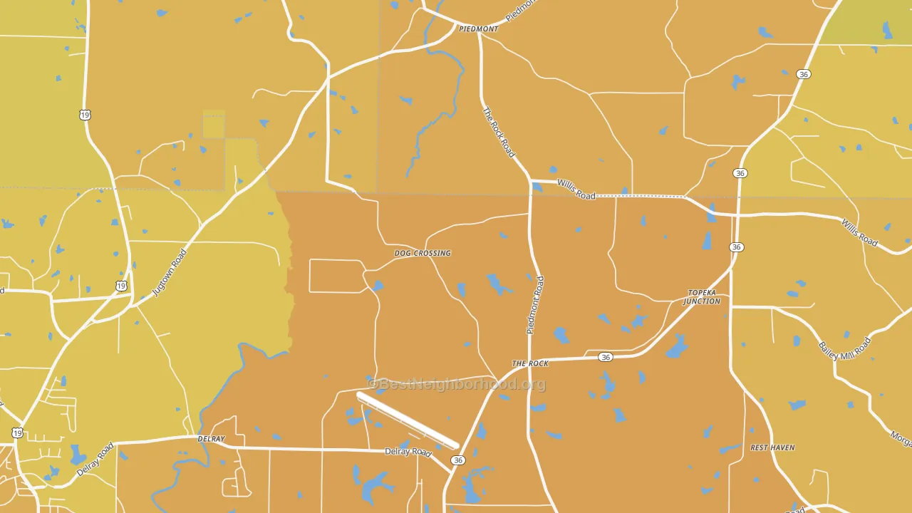 Map of the best neighborhoods in the The Rock area, with better matches in green and worse matches in red