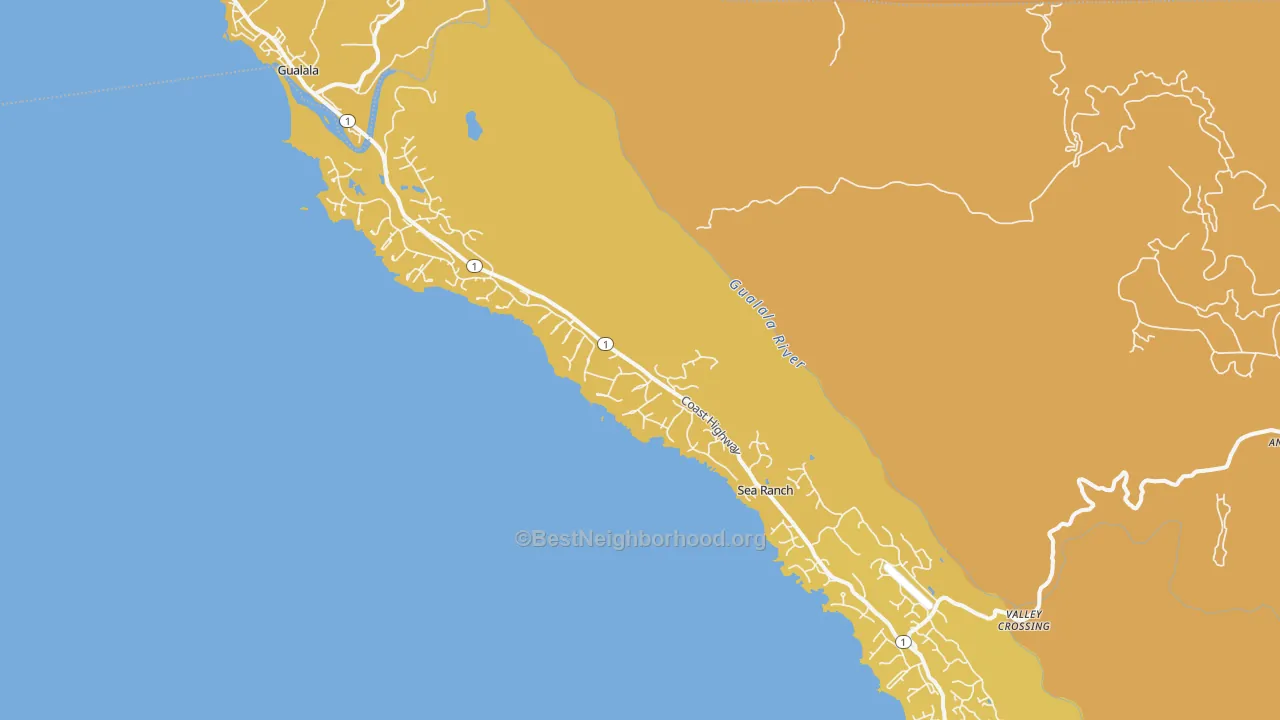Map of the best neighborhoods in the The Sea Ranch area, with better matches in green and worse matches in red