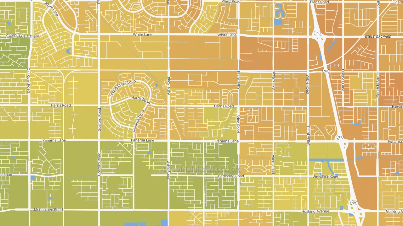 Map of the best neighborhoods in the The Seasons, Bakersfield area, with better matches in green and worse matches in red