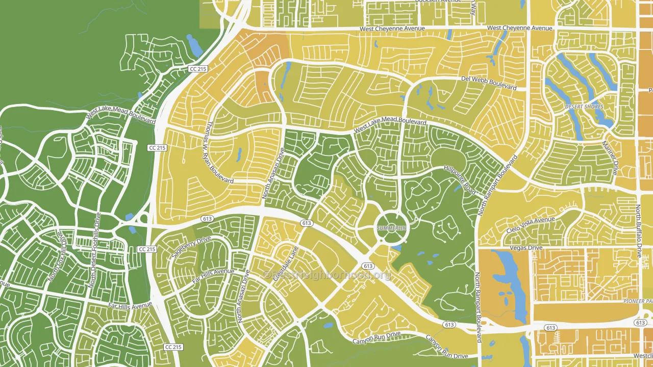 Map of the best neighborhoods in the The Trails, Las Vegas area, with better matches in green and worse matches in red