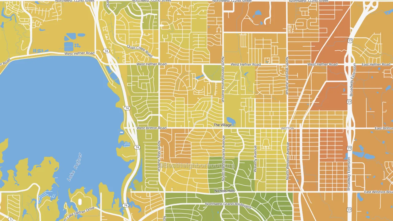 Map of the best neighborhoods in the The Village area, with better matches in green and worse matches in red