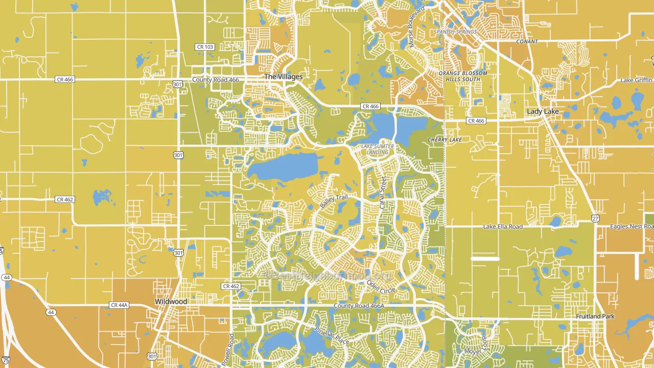 Map of the best neighborhoods in the The Villages area, with better matches in green and worse matches in red