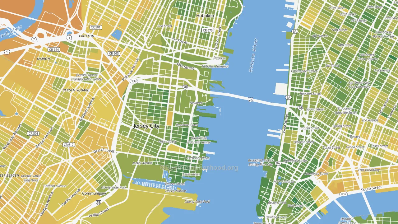 Map of the best neighborhoods in the The Waterfront, Jersey City area, with better matches in green and worse matches in red