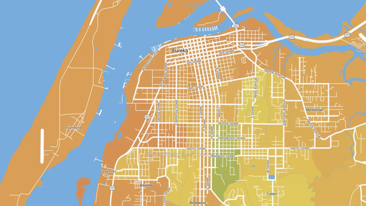 Map of the best neighborhoods in the The West Side, Eureka area, with better matches in green and worse matches in red