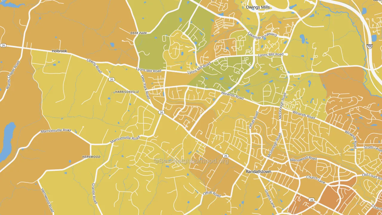 Map of the best neighborhoods in the The Woodlands, Randallstown area, with better matches in green and worse matches in red