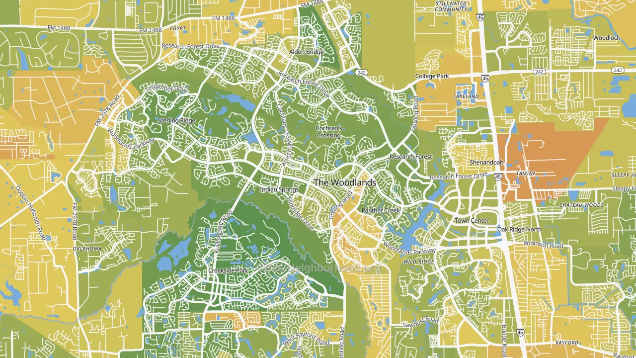 Map of the best neighborhoods in the The Woodlands area, with better matches in green and worse matches in red