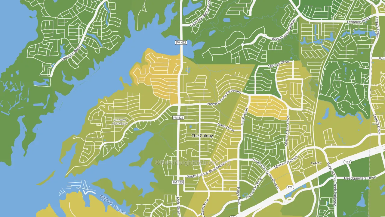 Map of the best neighborhoods in the The Ws, The Colony area, with better matches in green and worse matches in red